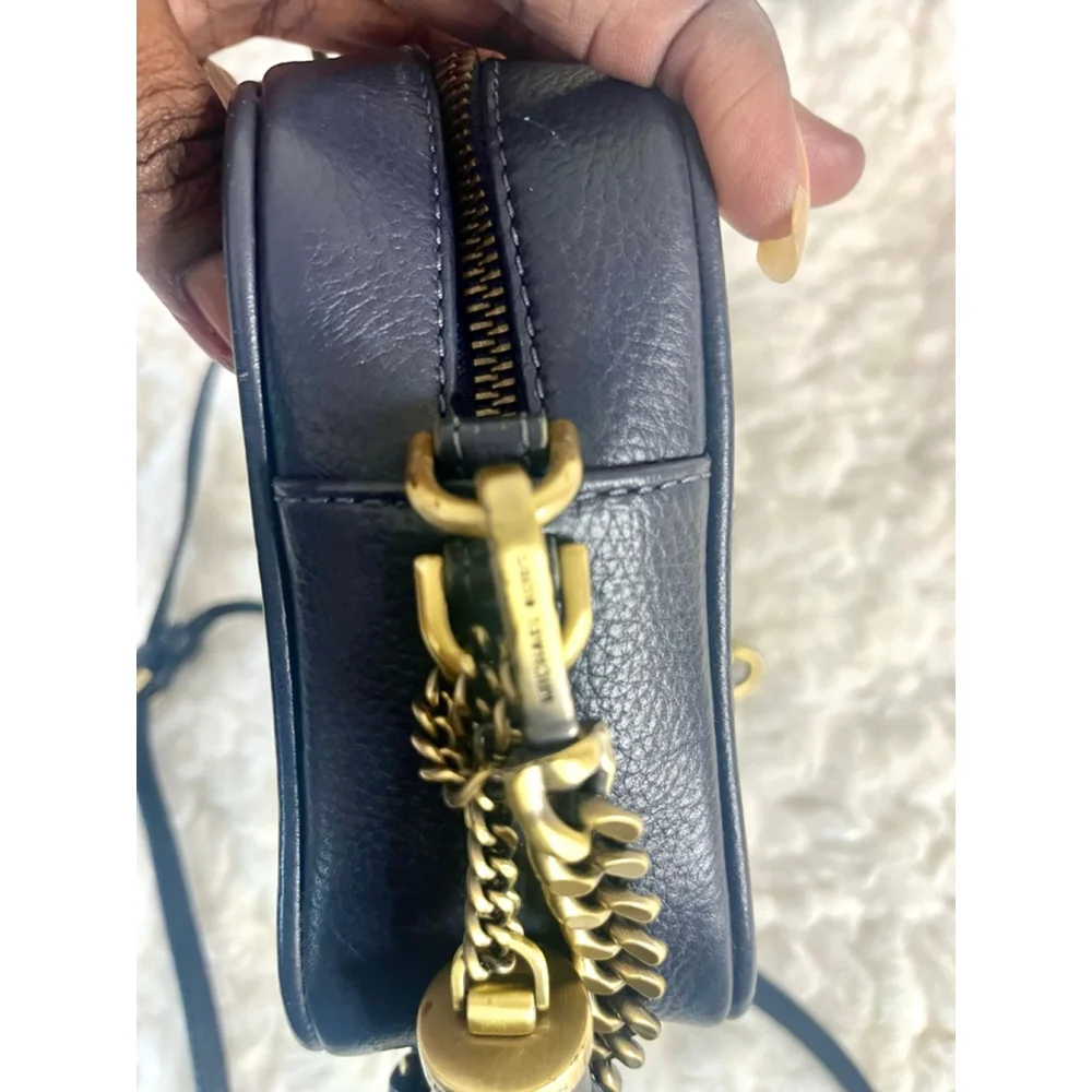 Michael Kors Woven Chevron Leather Camera Bag Navy Blue and Gold hardware